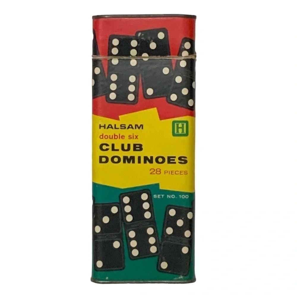 Vintage Haslam 1960’s Wood Dominos 28 Pc Original Cardboard Metal Box Set No 100